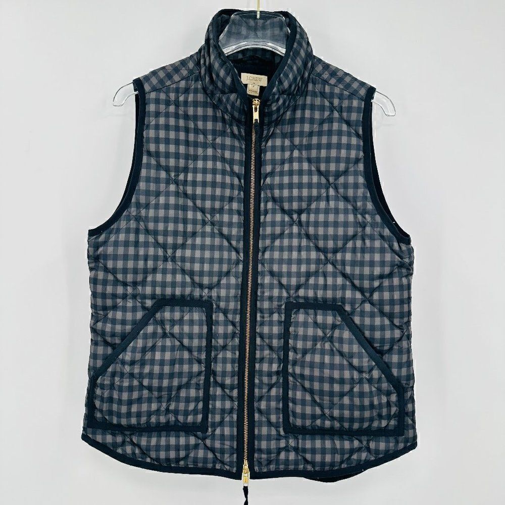 J. Crew Size Medium Black & Gray Plaid Quilted Puffer Vest Zip Up